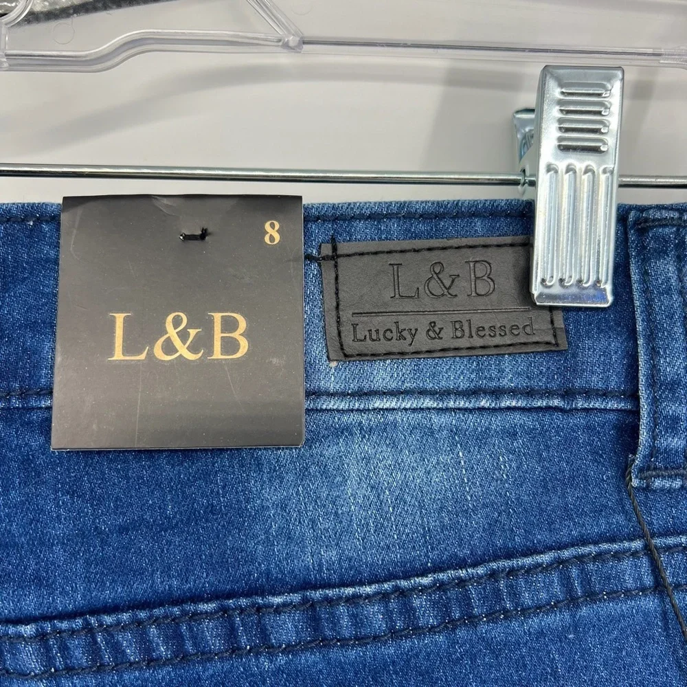 L&B Lucky & Blessed Sz 8 Bermuda Jean Leopard Patches Shorts NWT
